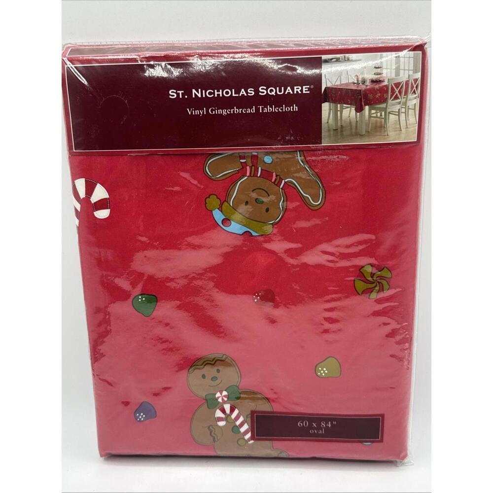 St. Nicholas Square Vinyl Christmas Gingerbread Men Red Tablecloth 60x84” Oval